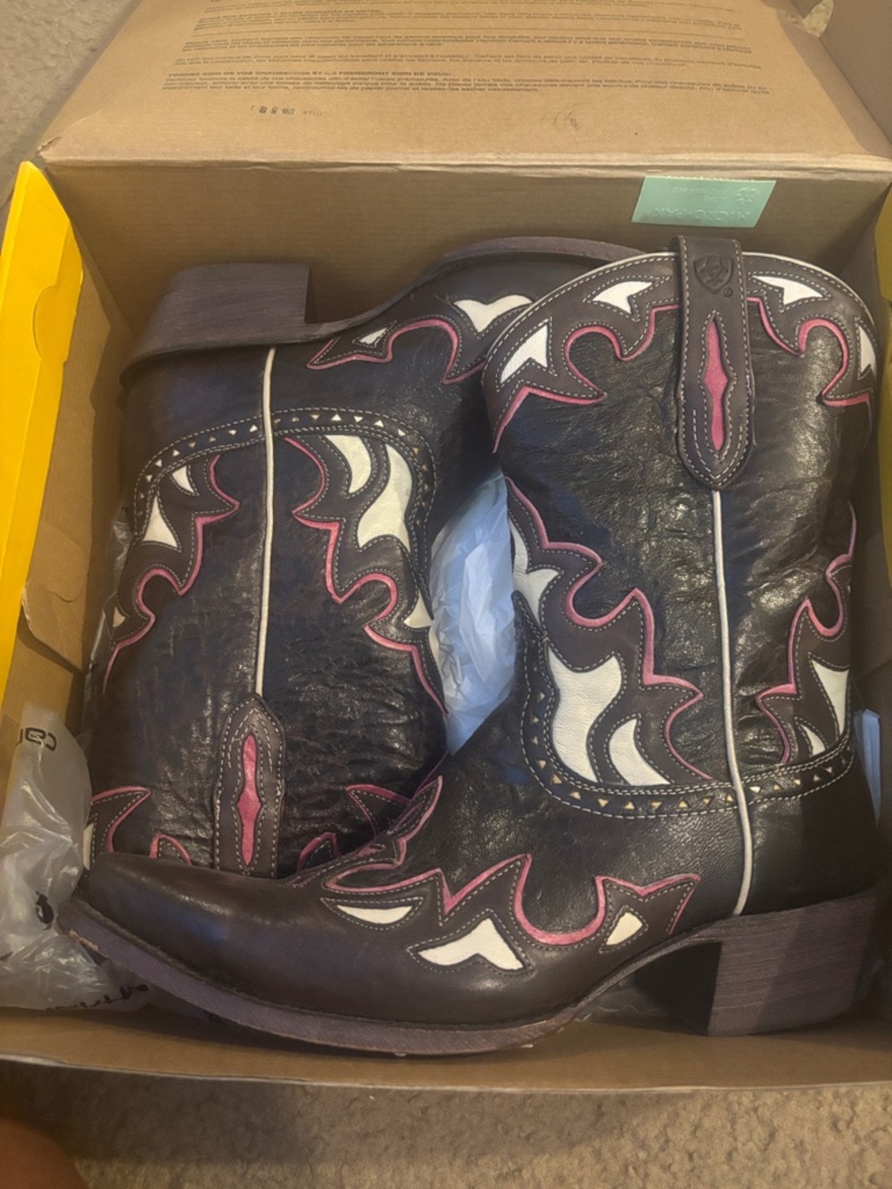 Ariat Black Leather Western Short Boots with White & Pink Accents